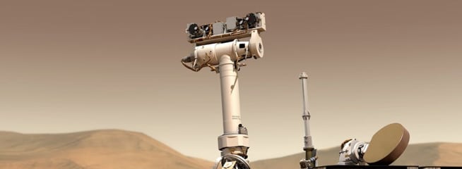 Mars rover arm and instruments against a dusty Martian landscape.